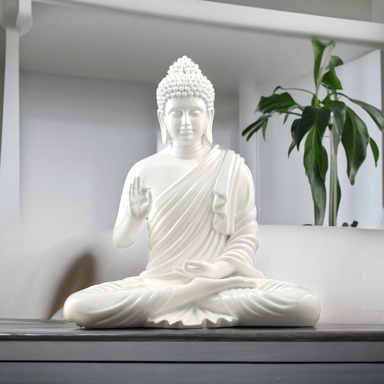 White Meditating Buddha Marble Look Statue Symbol of Peace Home decor Idol H- 37 CM