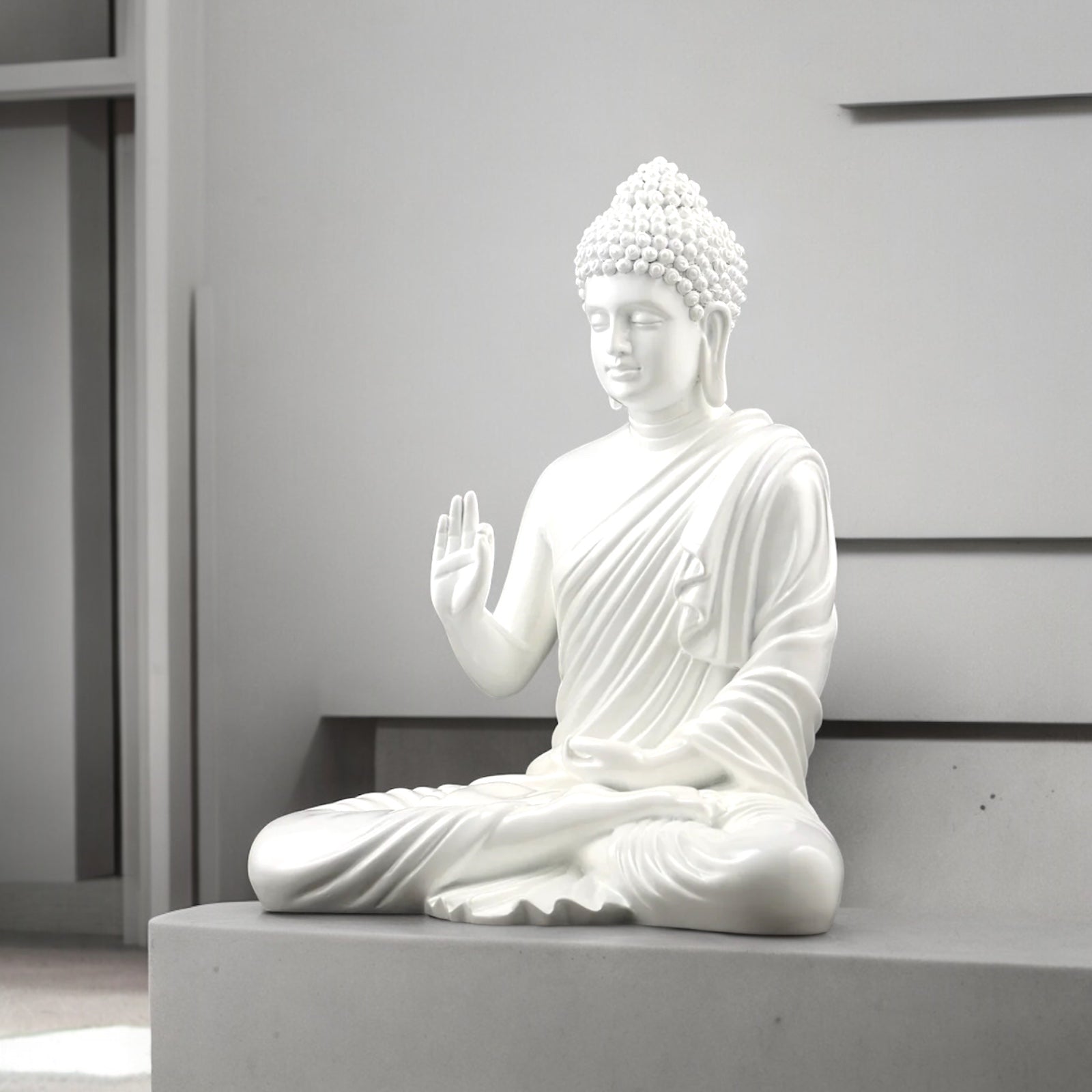 White Meditating Buddha Marble Look Statue Symbol of Peace Home decor Idol H- 37 CM