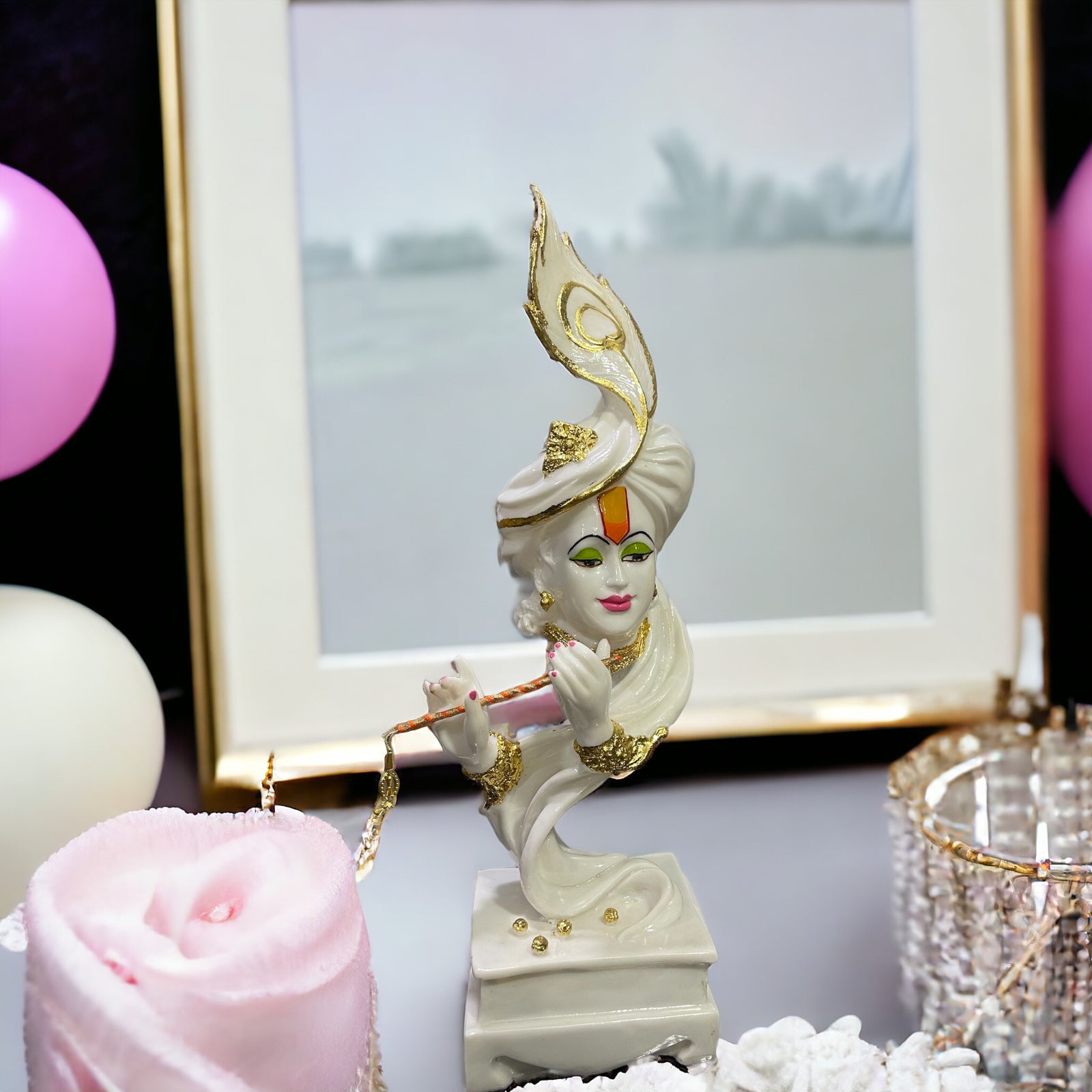 White Marble Finish Pankh Krishan Murti Krishan Idol Antique Showpiece Kanha Statue 2feet