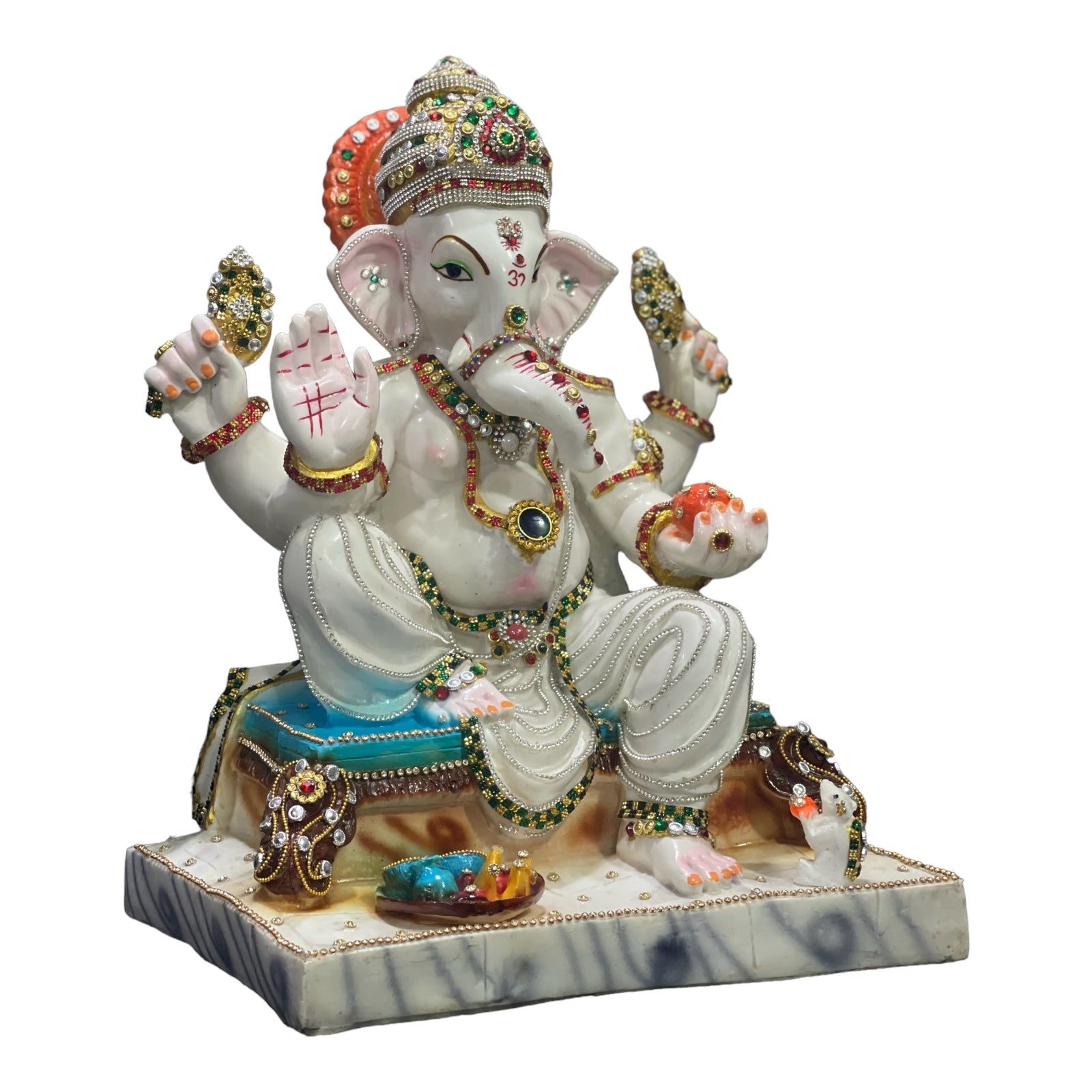 White Marble Look Ganesha with Mushak ,Chauki Ganesha Decorative Statue, Murti H – 42 cm