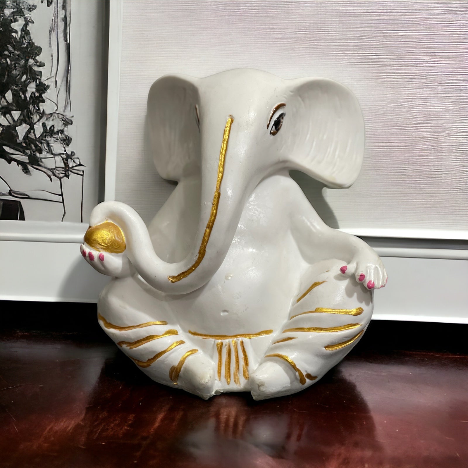 White Marble Ganpati Gajanan With Modak Statue Murti Figurine H – 14 cm
