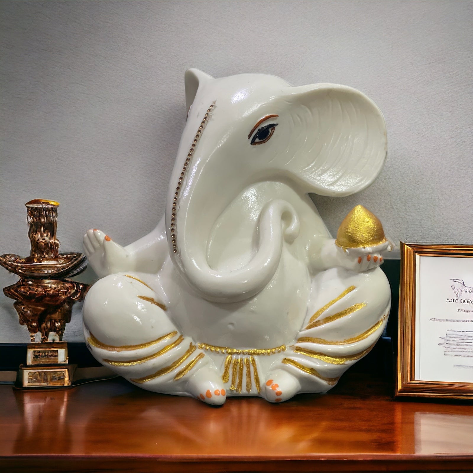 White Marble Ganesha with Modak Murti Statue Figurine for Home Decor H-14 cm