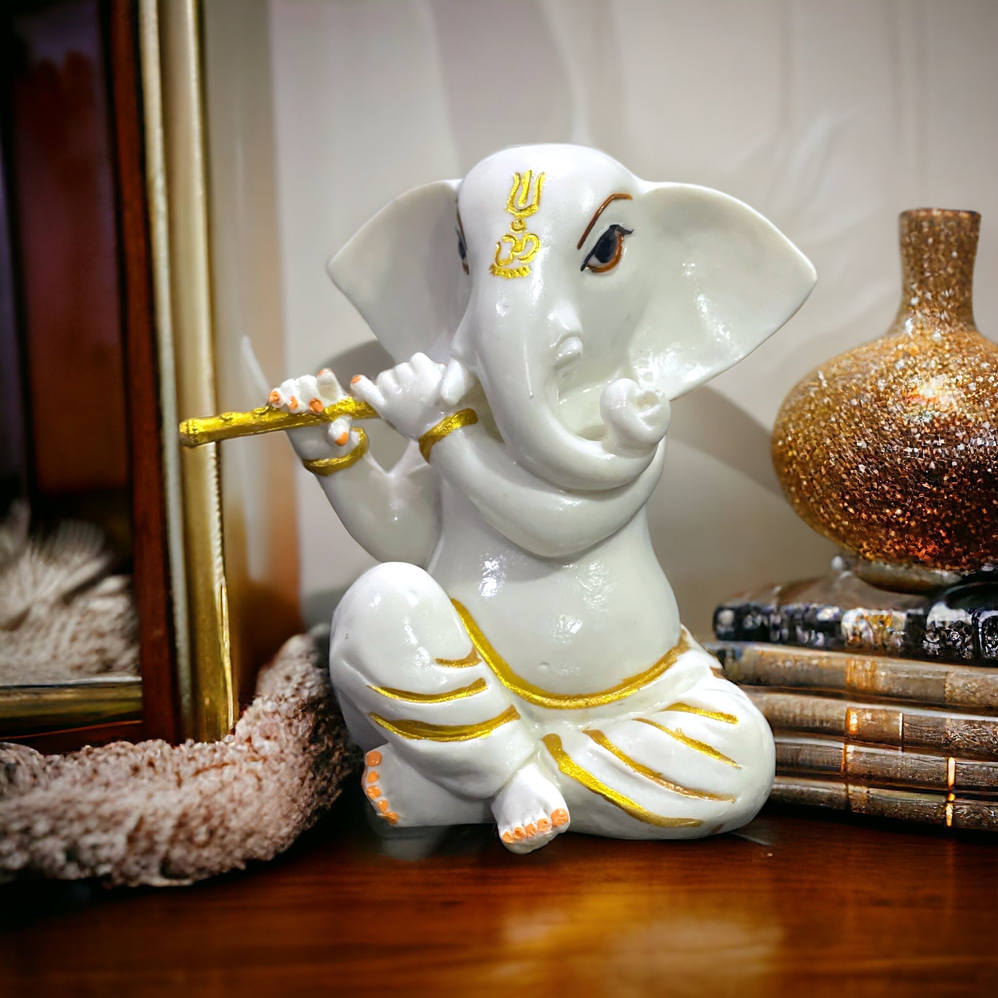 White Marble Bansuri Ganesha Murti Statue Figurine for Home Decor H – 15 cm