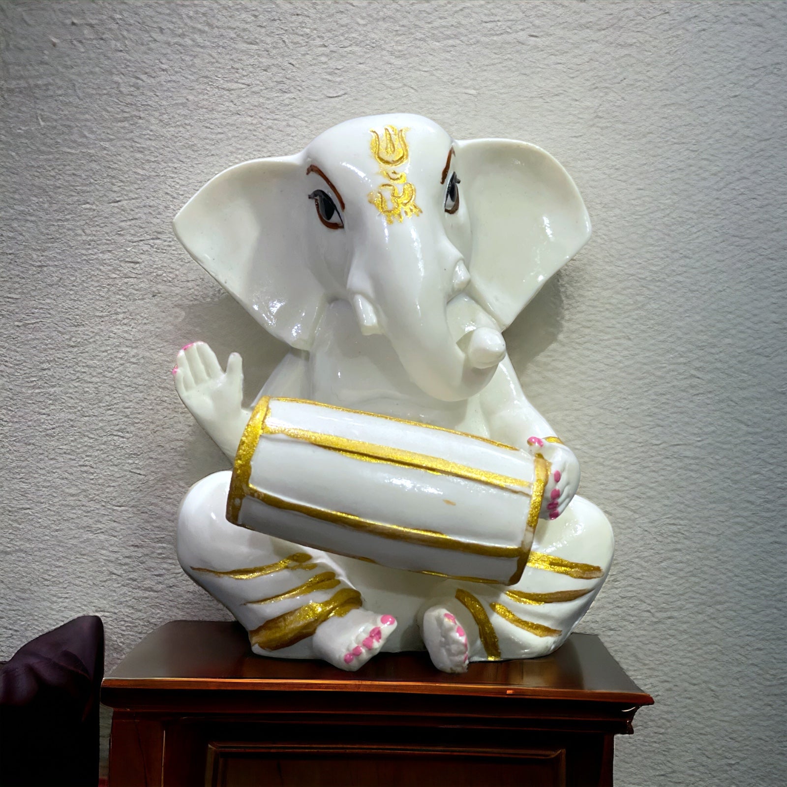 White Marble Dholak Ganesha Murti Statue Figurine for Home Decor H-15 cm