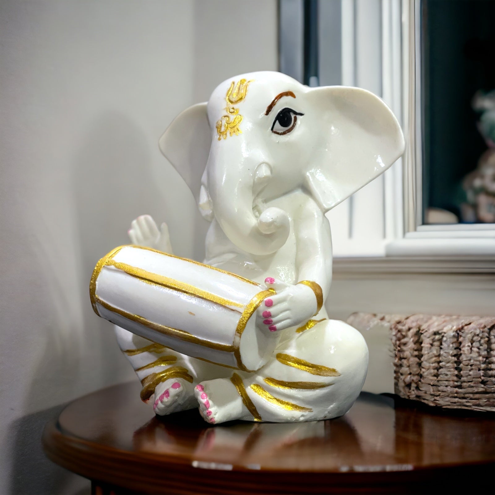 White Marble Dholak Ganesha Murti Statue Figurine for Home Decor H-15 cm