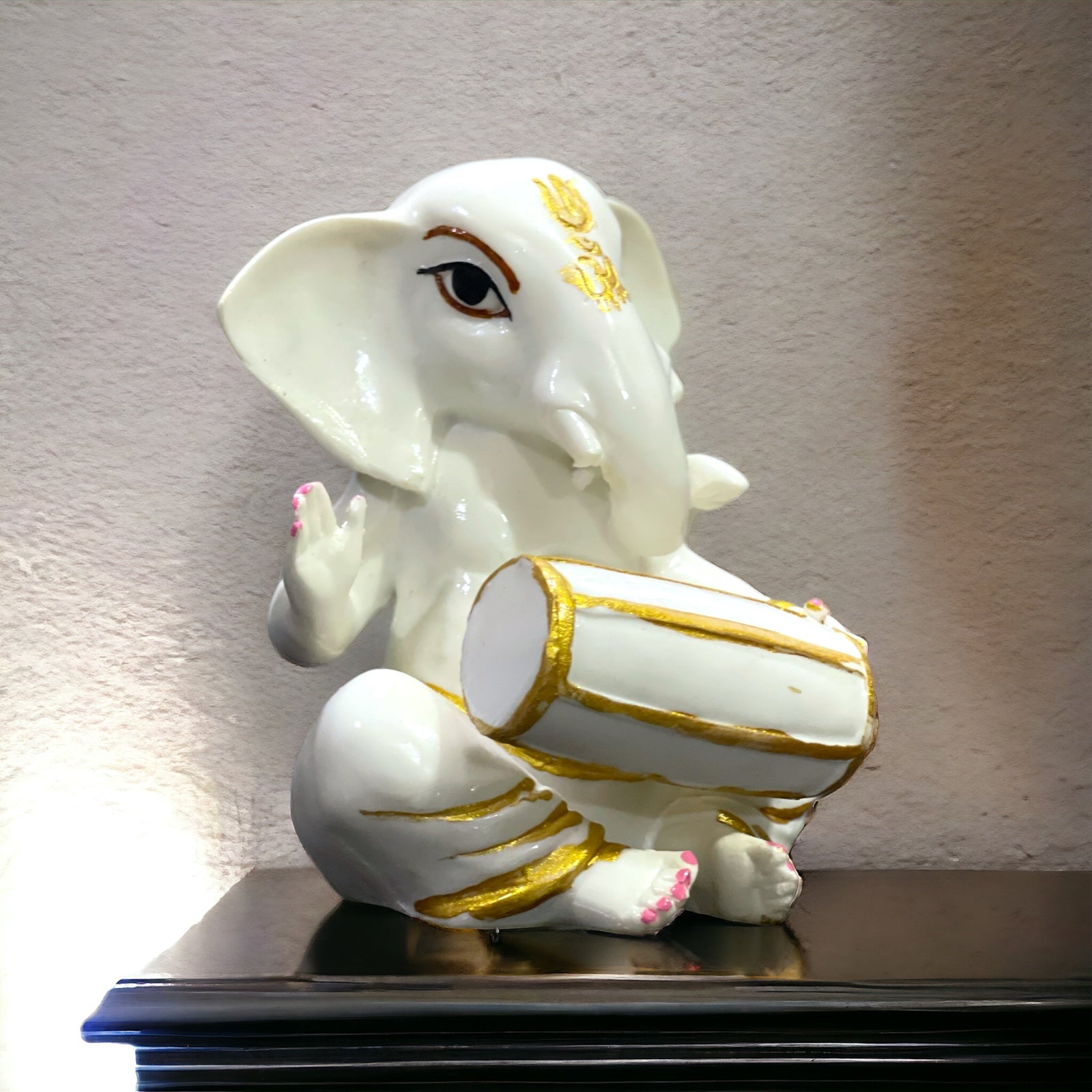 White Marble Dholak Ganesha Murti Statue Figurine for Home Decor H-15 cm