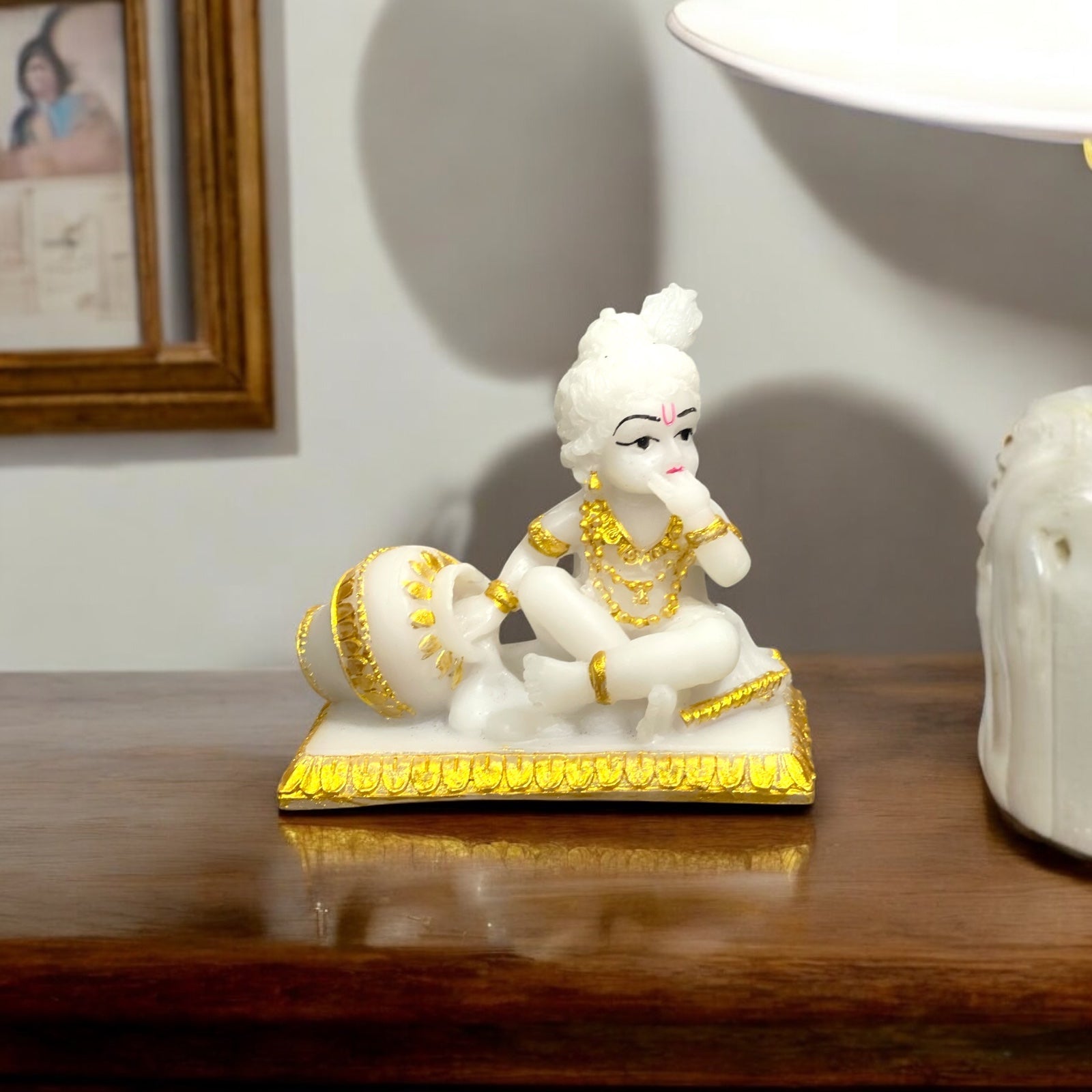 White Marble Look Car Dashboard Lord Krishna Idol Makhan Chor Height 3 Inches