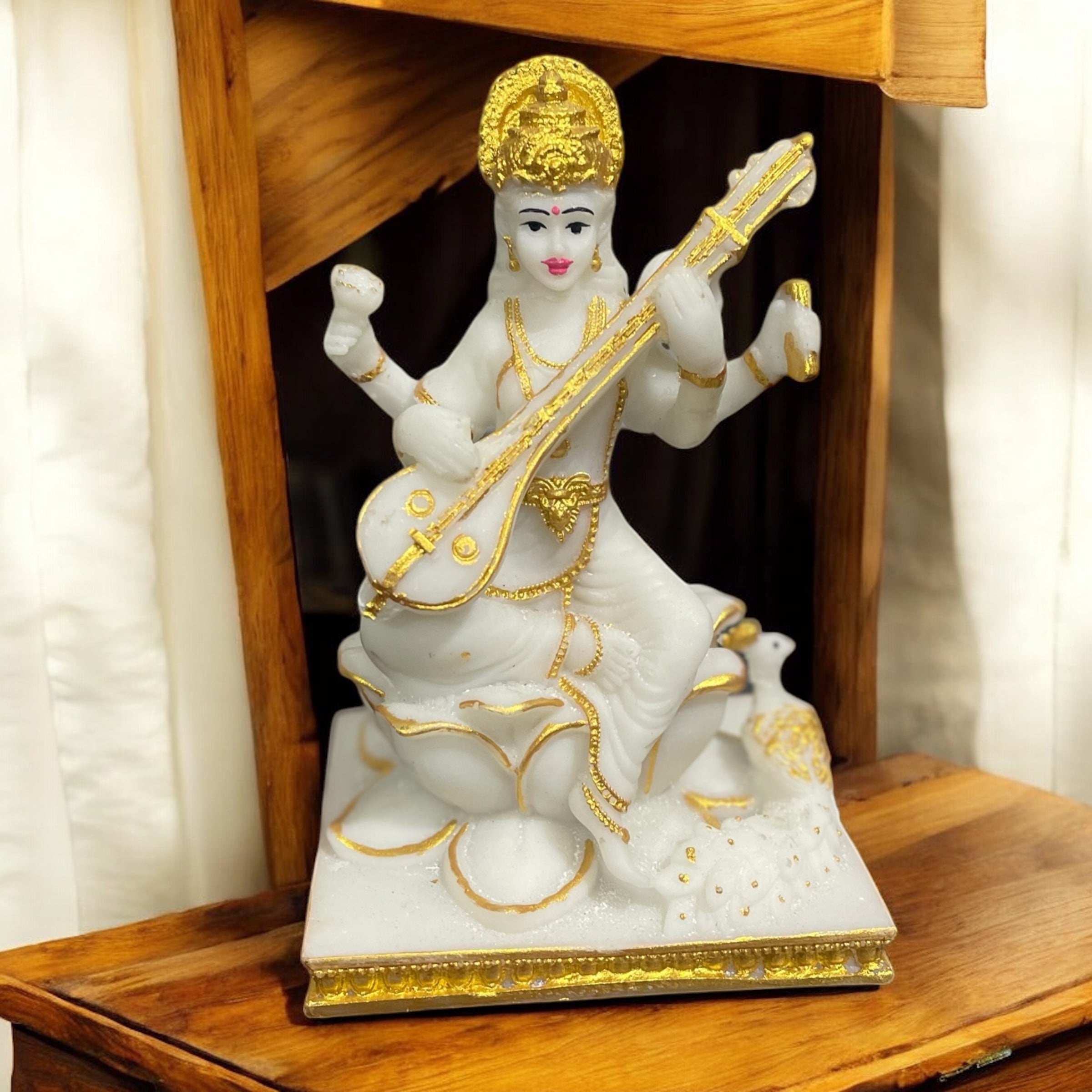 Lord Saraswati Idol Marble Look Murti Best For Home Temple H- 15 CM