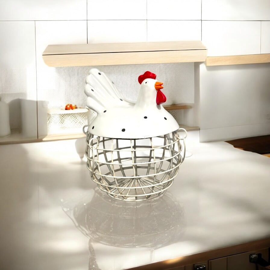 White Rooster Hen Basket 40 Eggs Capacity Best For Home Decor