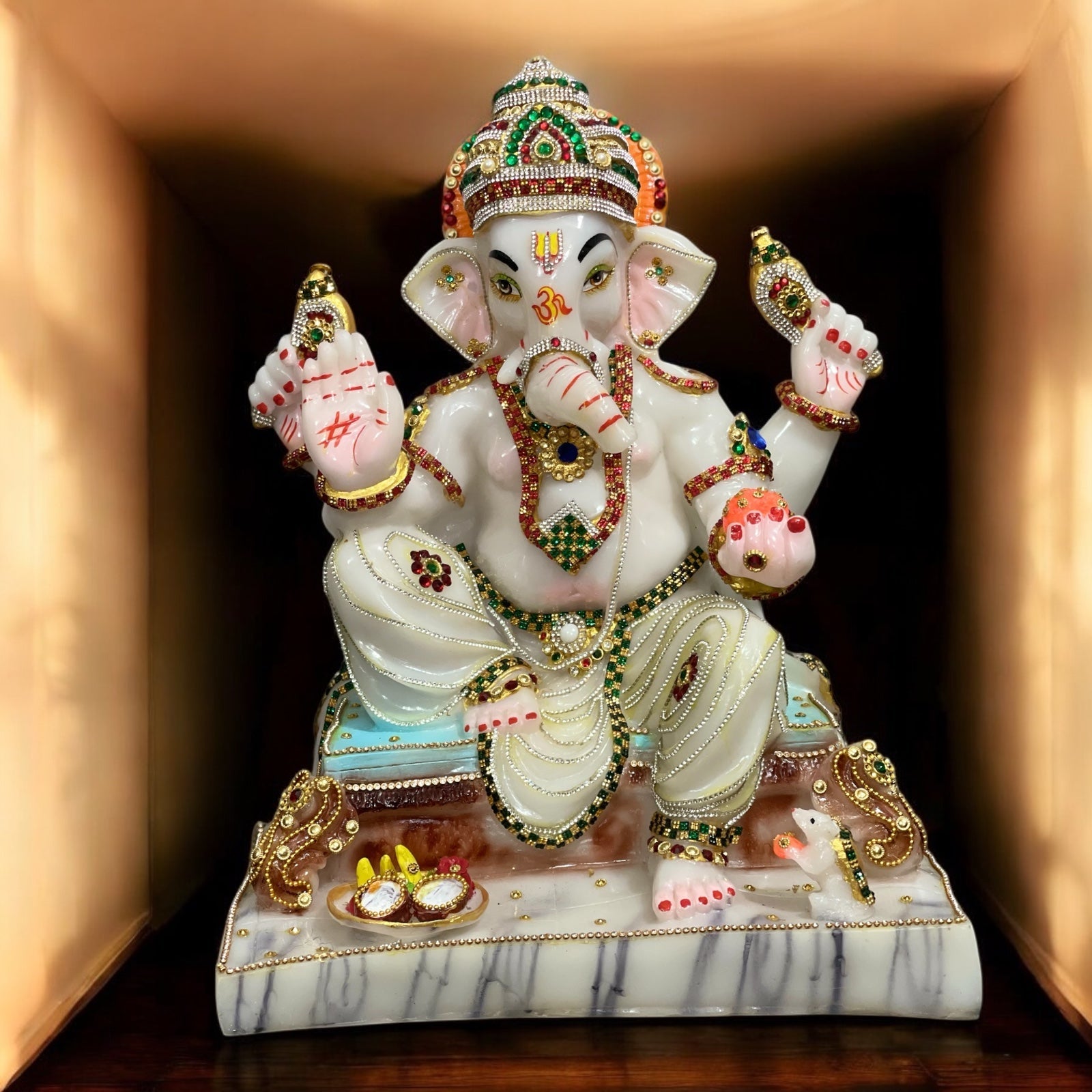 White Marble Look Ganesha with Mushak ,Chauki Ganesha Decorative Statue, Murti H – 42 cm