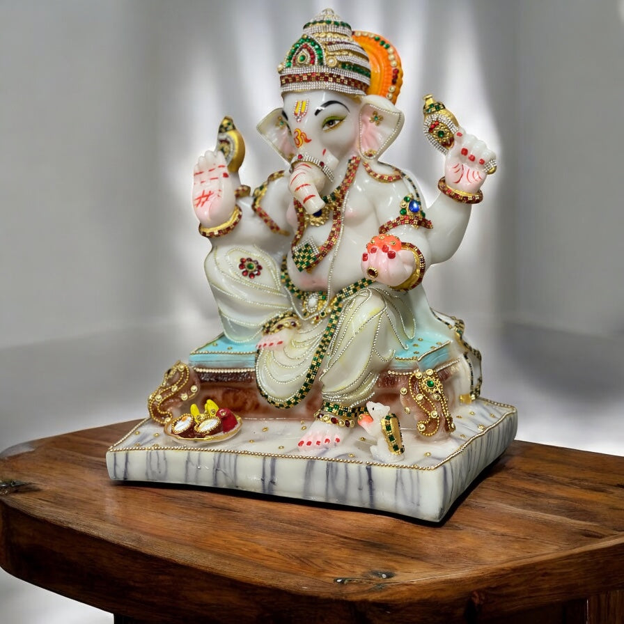 White Marble Look Ganesha with Mushak ,Chauki Ganesha Decorative Statue, Murti H – 42 cm