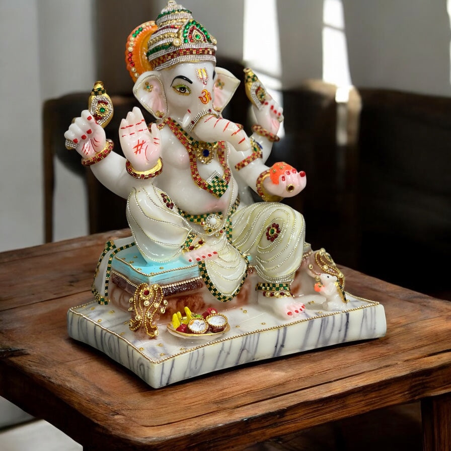 White Marble Look Ganesha with Mushak ,Chauki Ganesha Decorative Statue, Murti H – 42 cm