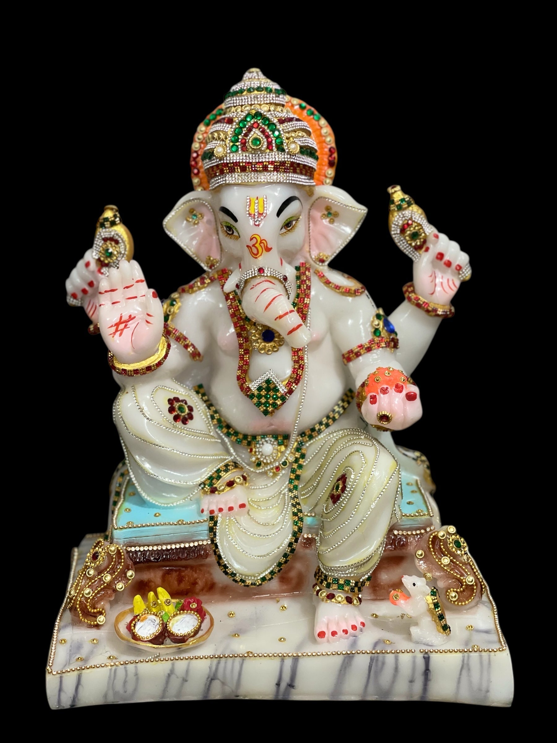 White Marble Look Ganesha with Mushak ,Chauki Ganesha Decorative Statue, Murti H – 42 cm