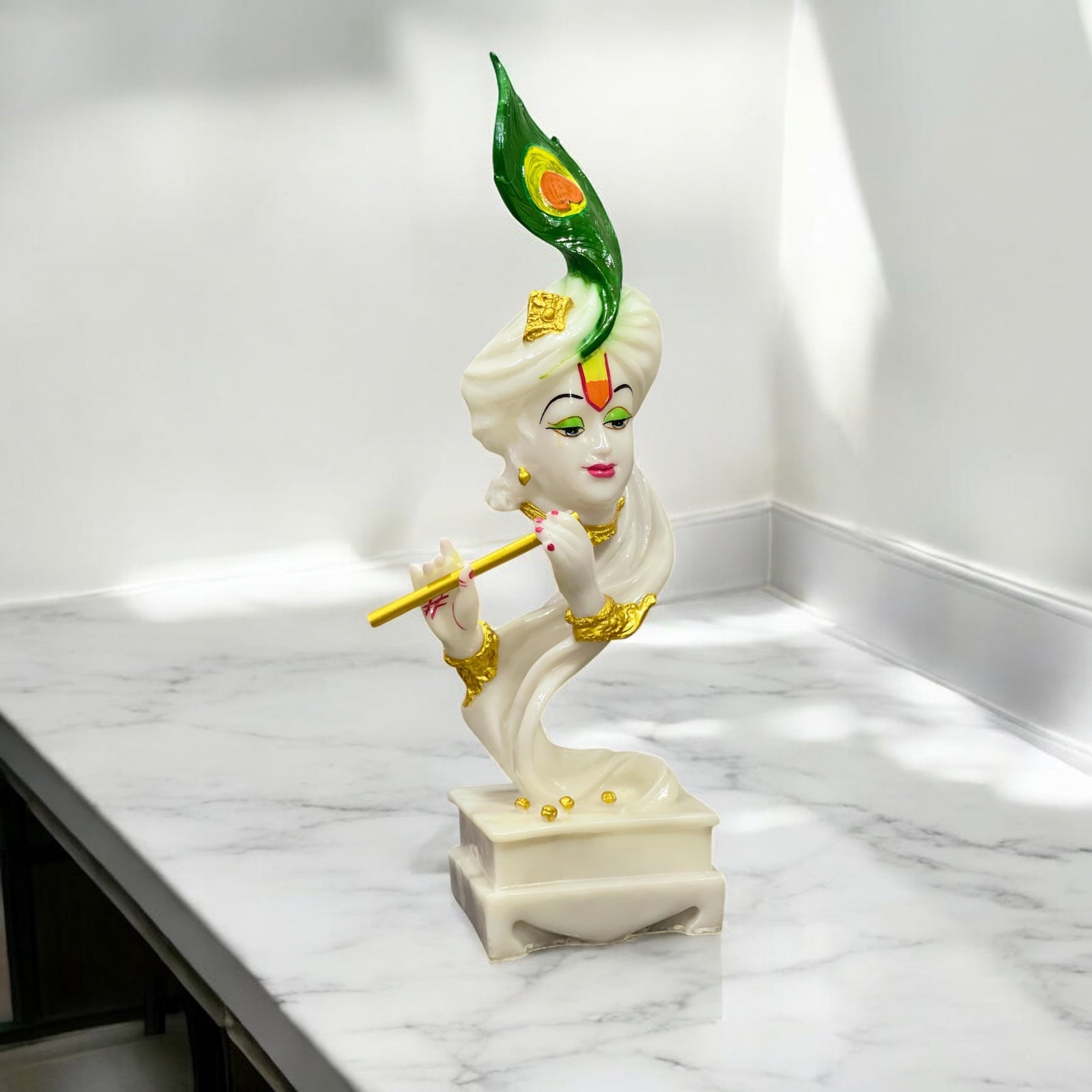White Marble Finish Pankh Krishan Murti Krishan Idol Antique Showpiece Kanha Statue 2feet