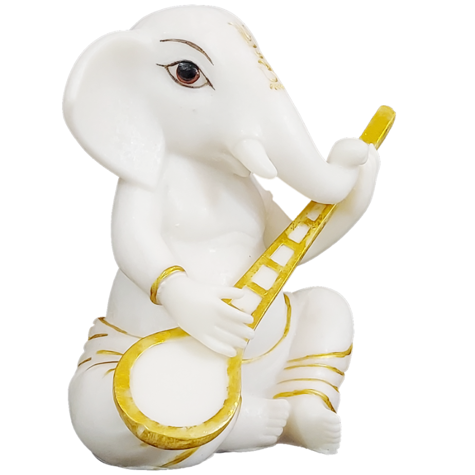 White Marble Veena Ganesha Murti Statue Figurine for Home Decor H – 15 cm