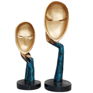 Pair of Golden Blue The Lady Face Statue Table Accent H- 40 cm