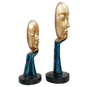 Pair of Golden Blue The Lady Face Statue Table Accent H- 40 cm