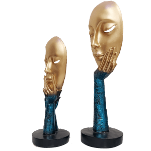 Pair of Golden Blue The Lady Face Statue Table Accent H- 40 cm