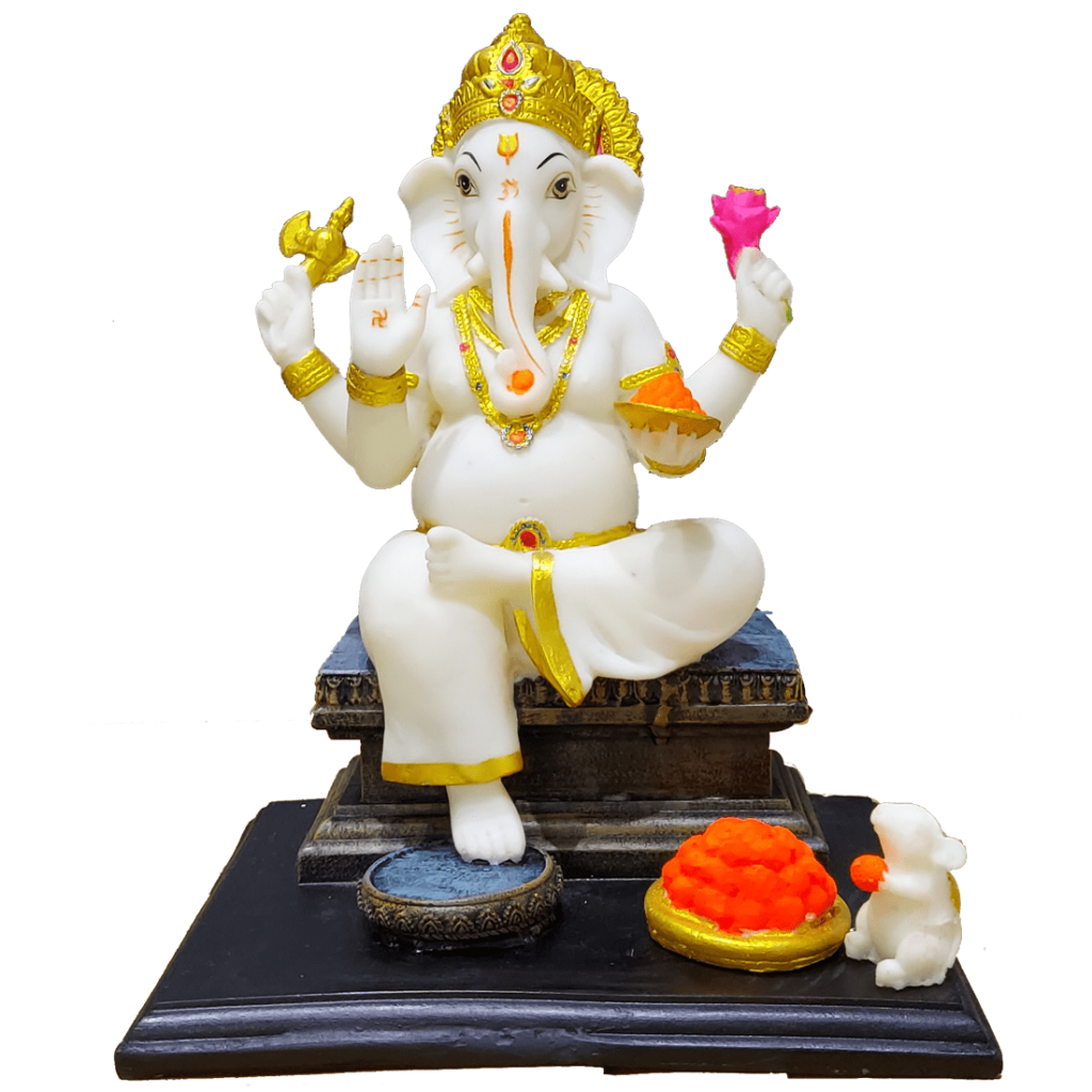 Gajanan Ganpati White Marble Look Ganesha with Rat Statue H-26 cm