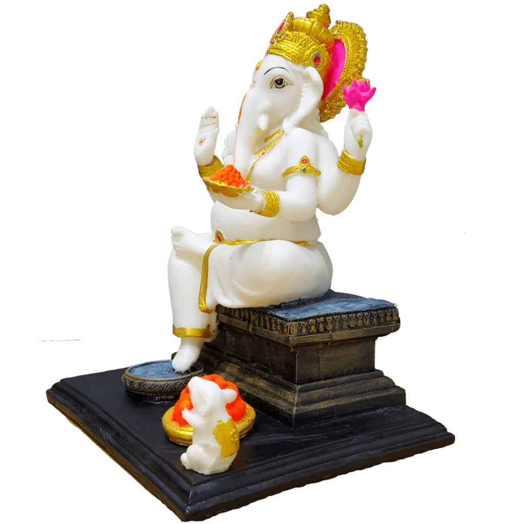 Gajanan Ganpati White Marble Look Ganesha with Rat Statue H-26 cm