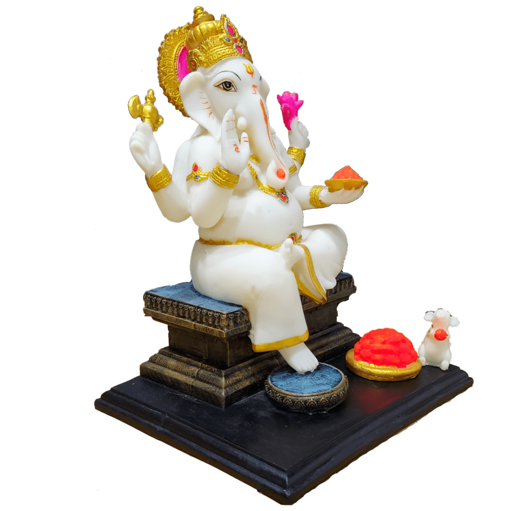 Gajanan Ganpati White Marble Look Ganesha with Rat Statue H-26 cm