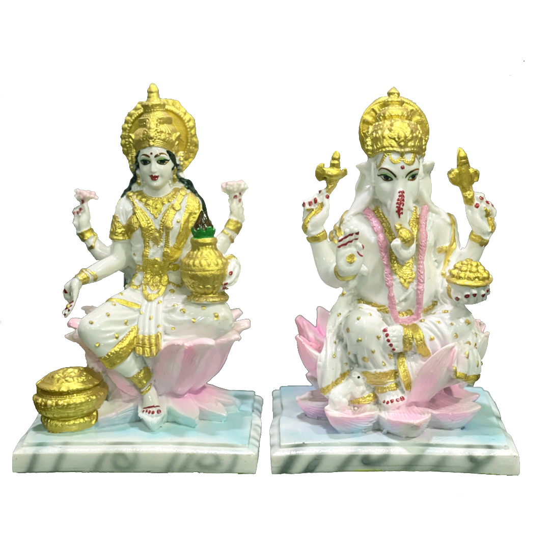 Indian Laxmi Ganesh Murti Marble Look Lakshmi Ganesha for Diwali Poojan Made in India H- 20 cm