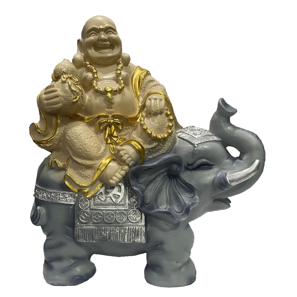 Laughing Buddha Sitting on Elephant Statue Resin Figurine H- 35 cm