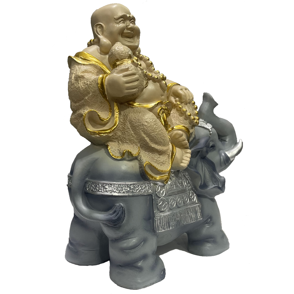 Laughing Buddha Sitting on Elephant Statue Resin Figurine H- 35 cm