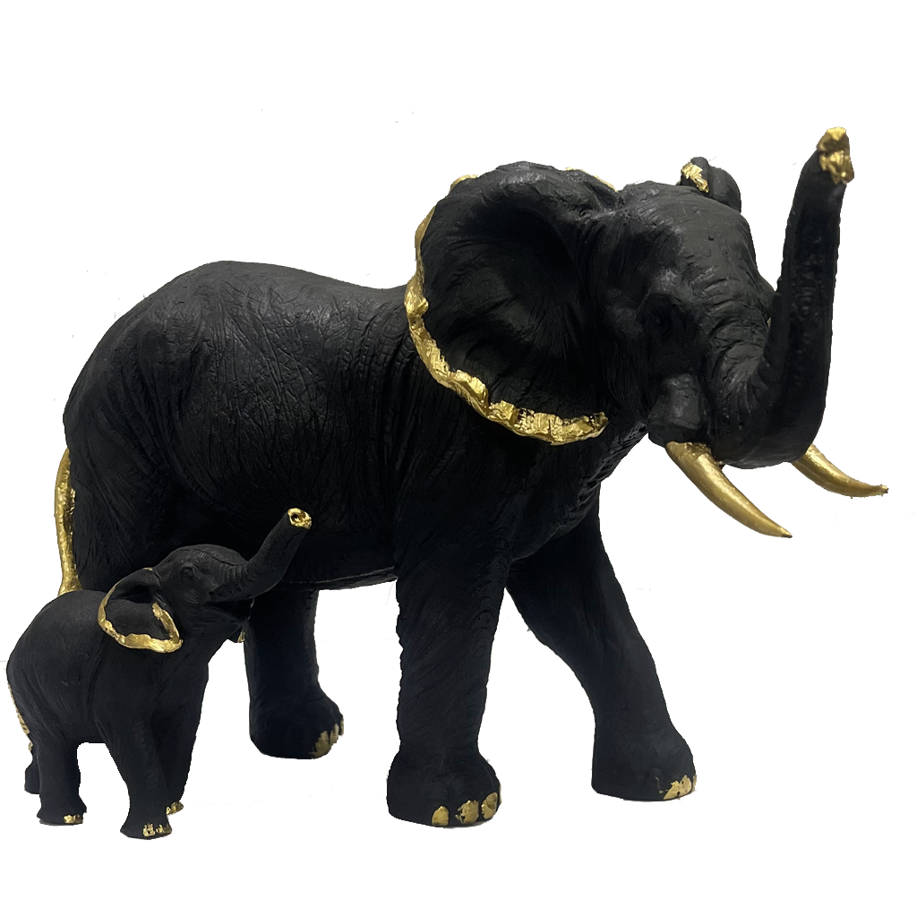 Antique Polyresin Mother And Baby Elephant Black Showpiece H 19 cm