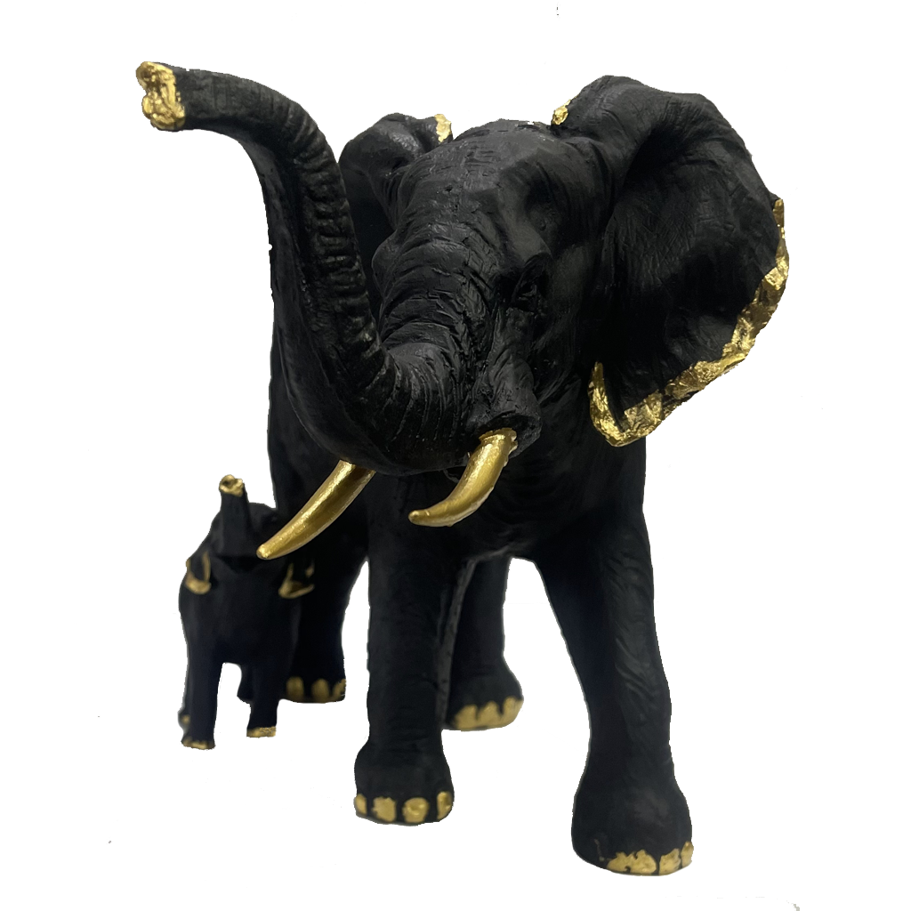 Antique Polyresin Mother And Baby Elephant Black Showpiece H 19 cm