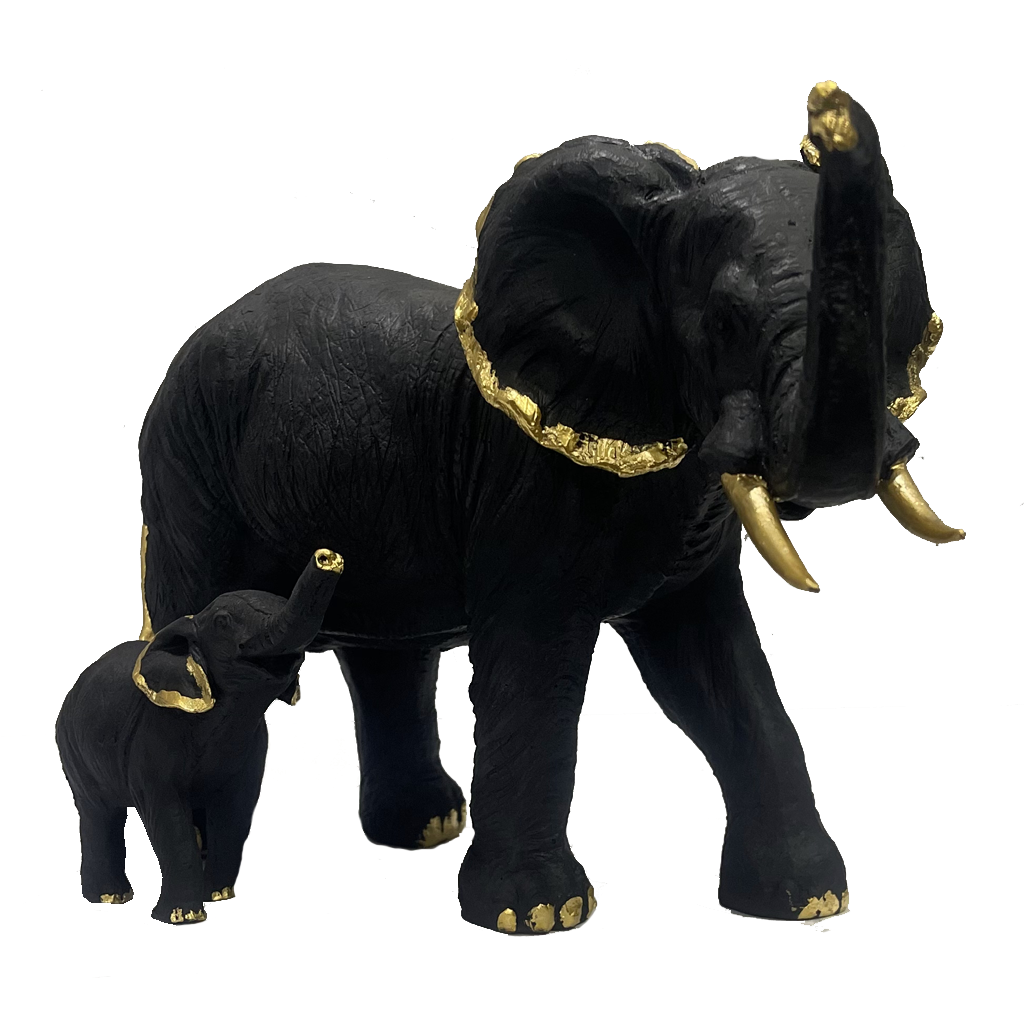 Antique Polyresin Mother And Baby Elephant Black Showpiece H 19 cm