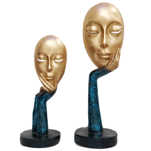 Pair of Golden Blue The Lady Face Statue Table Accent H- 40 cm