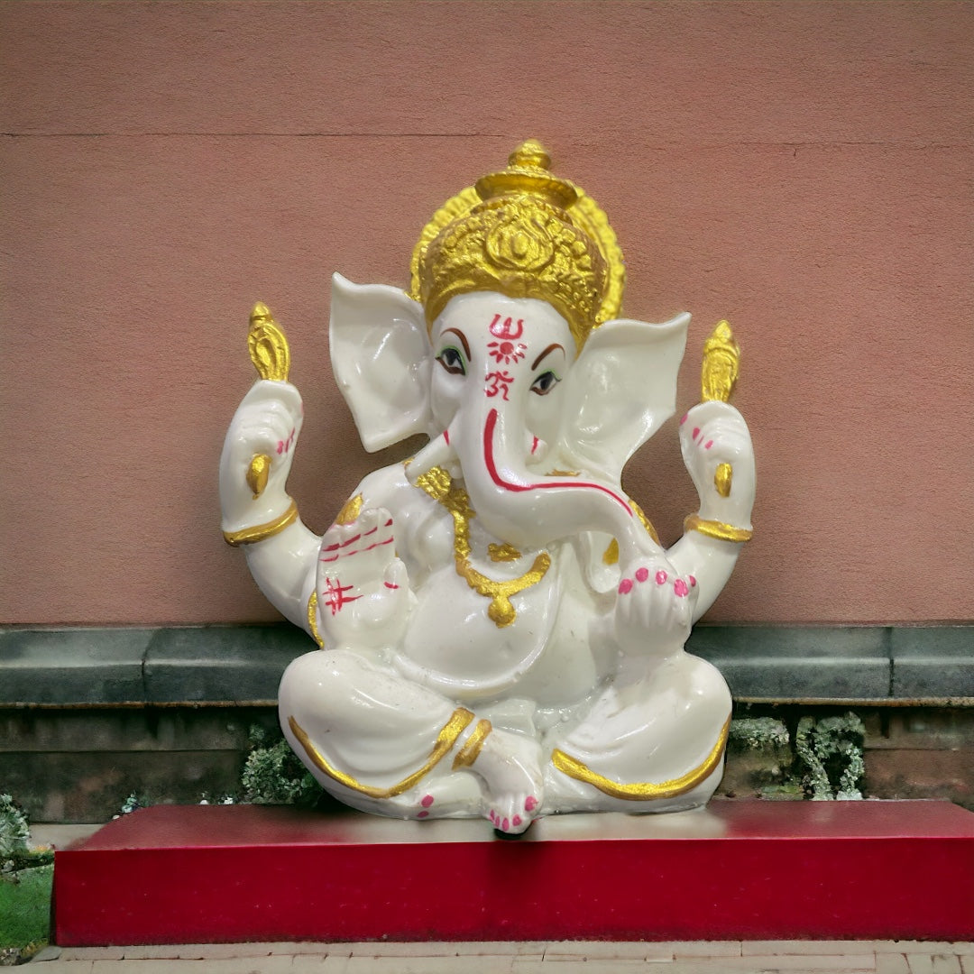 Mukut Ganesha Marble Statue Best Gift For Grah Pravesh Ganpati Murti Figurine H- 12.5 cm