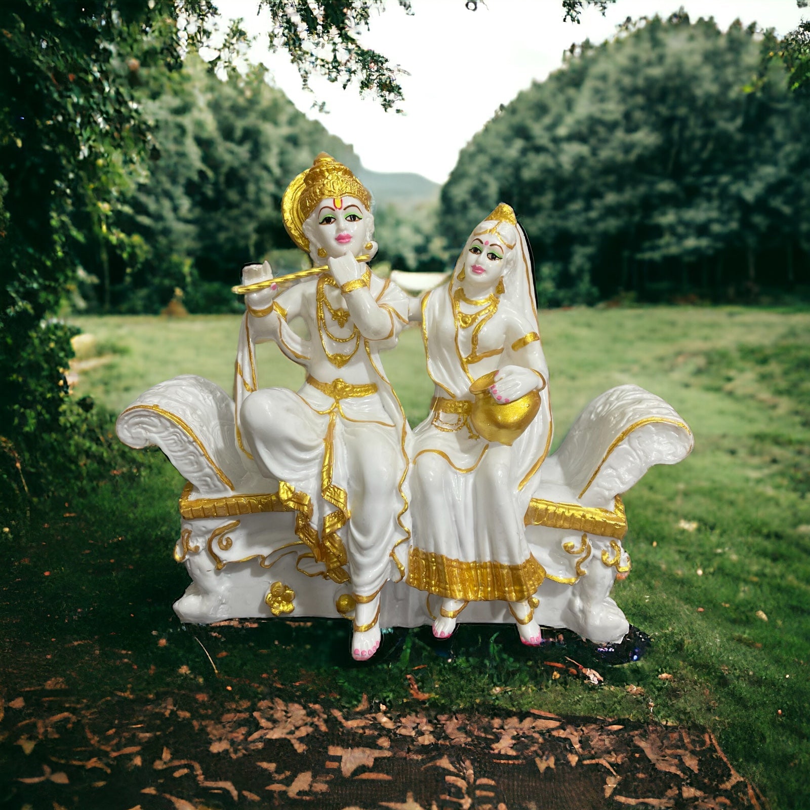 Radha- Krishan Sitting on Sofa Marble Look Idol Murti Statue best for Drawing Room , H-30 cm