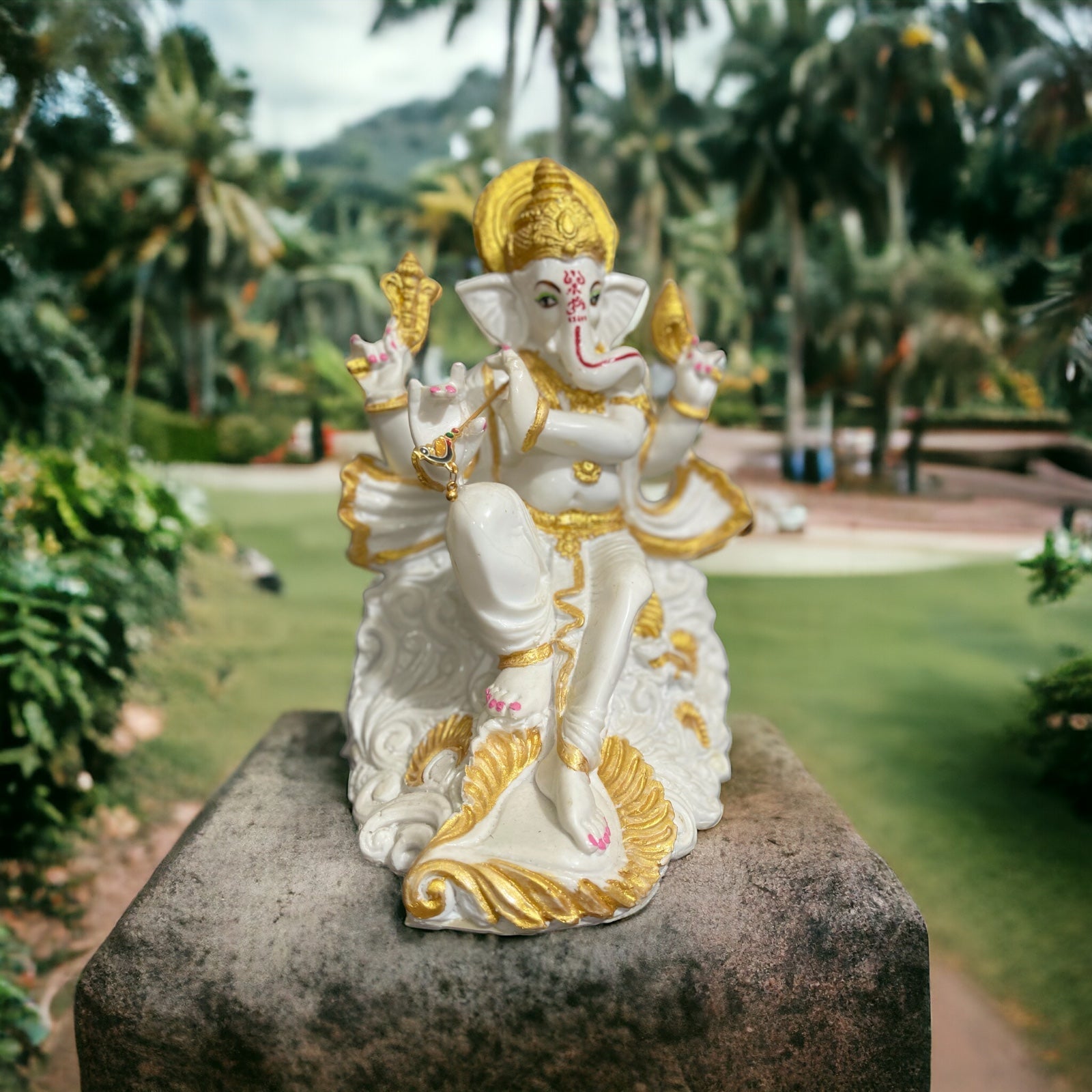 Divine Colorful White Marble Look Basuri Ganesh Murti Idol Height 25 cm