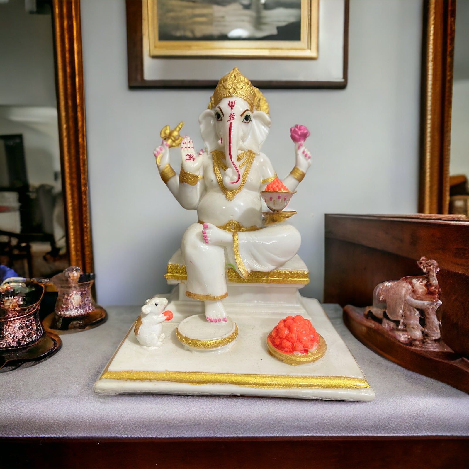 Gajanan Ganpati White Marble Look Ganesha with Rat Statue H-26 cm