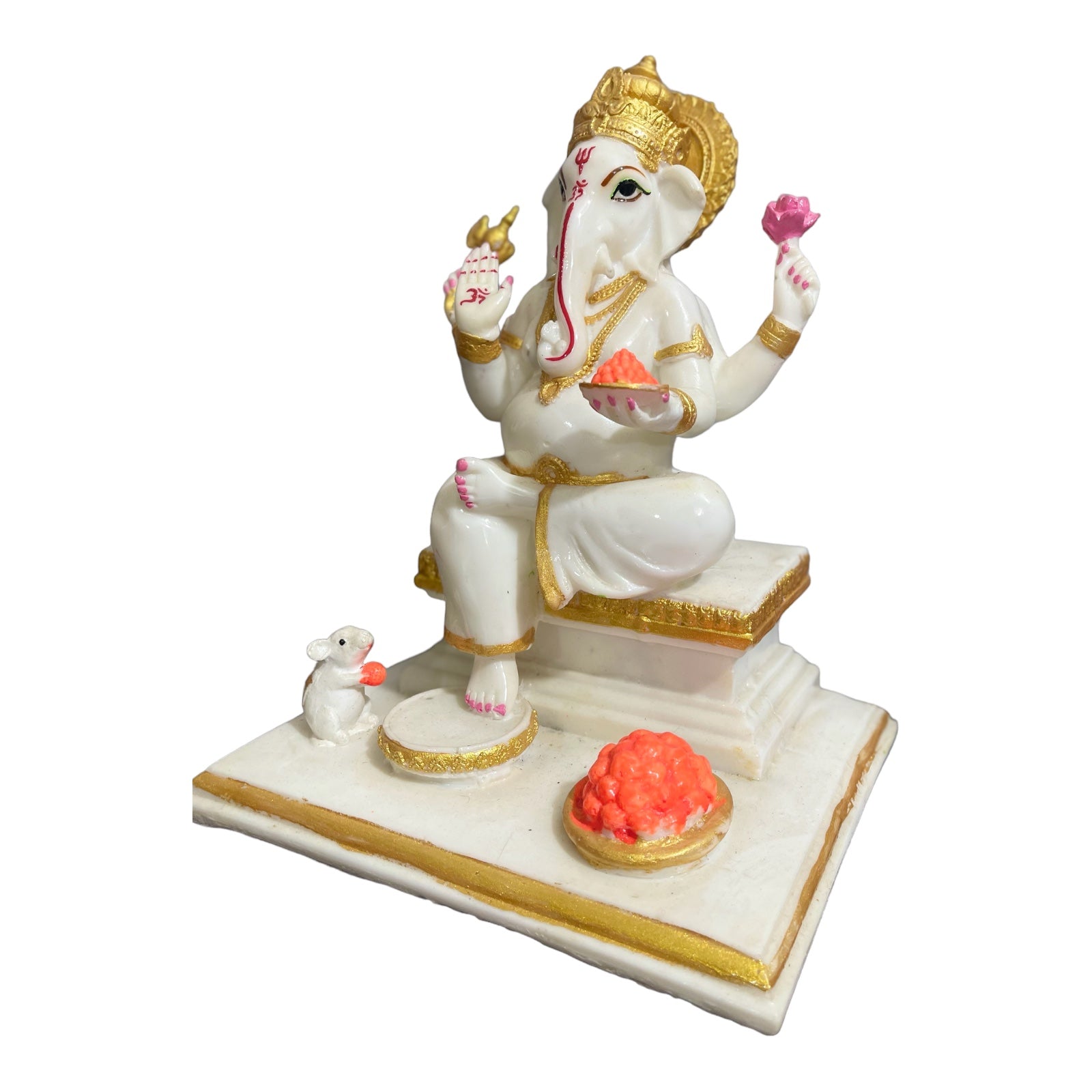 Gajanan Ganpati White Marble Look Ganesha with Rat Statue H-26 cm