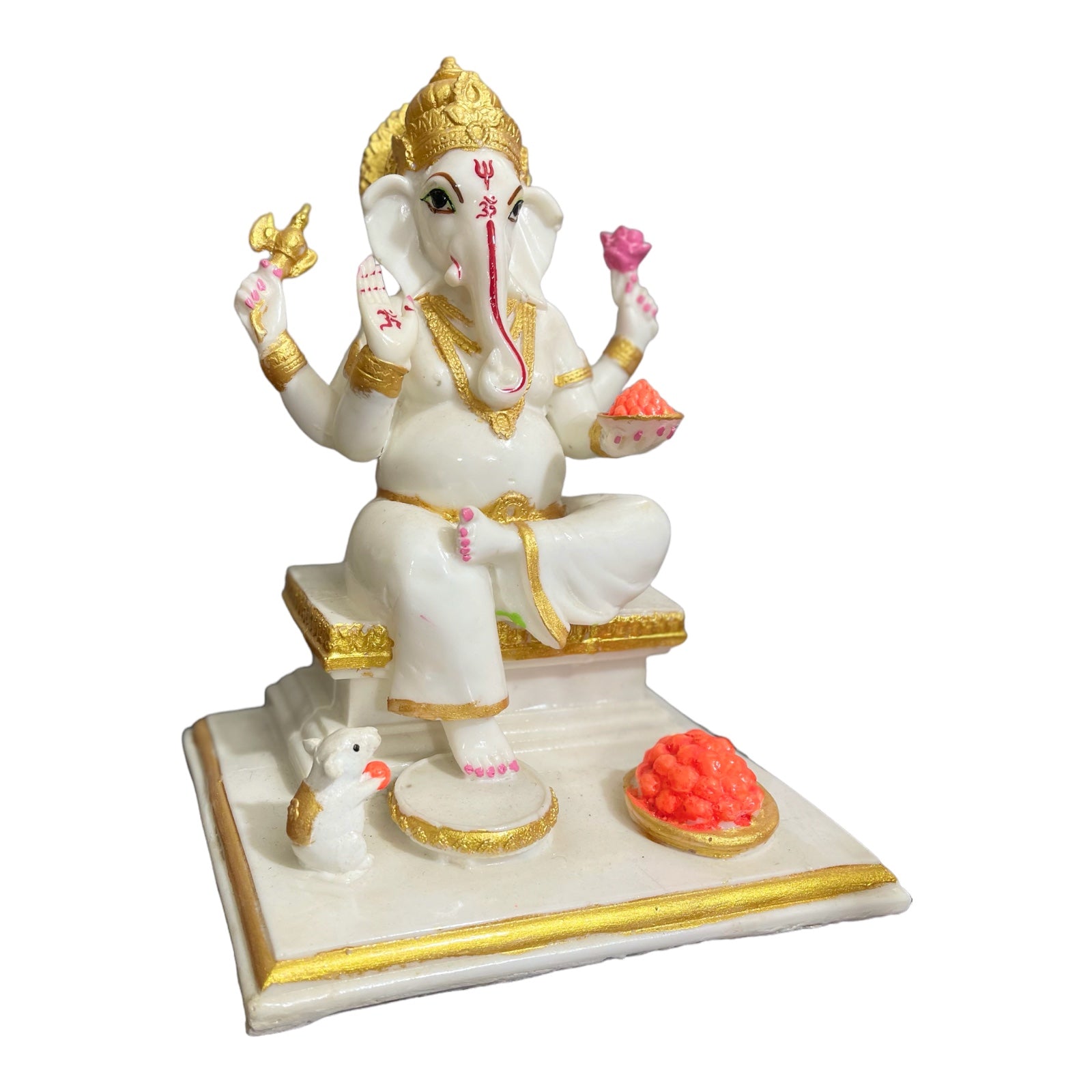 Gajanan Ganpati White Marble Look Ganesha with Rat Statue H-26 cm