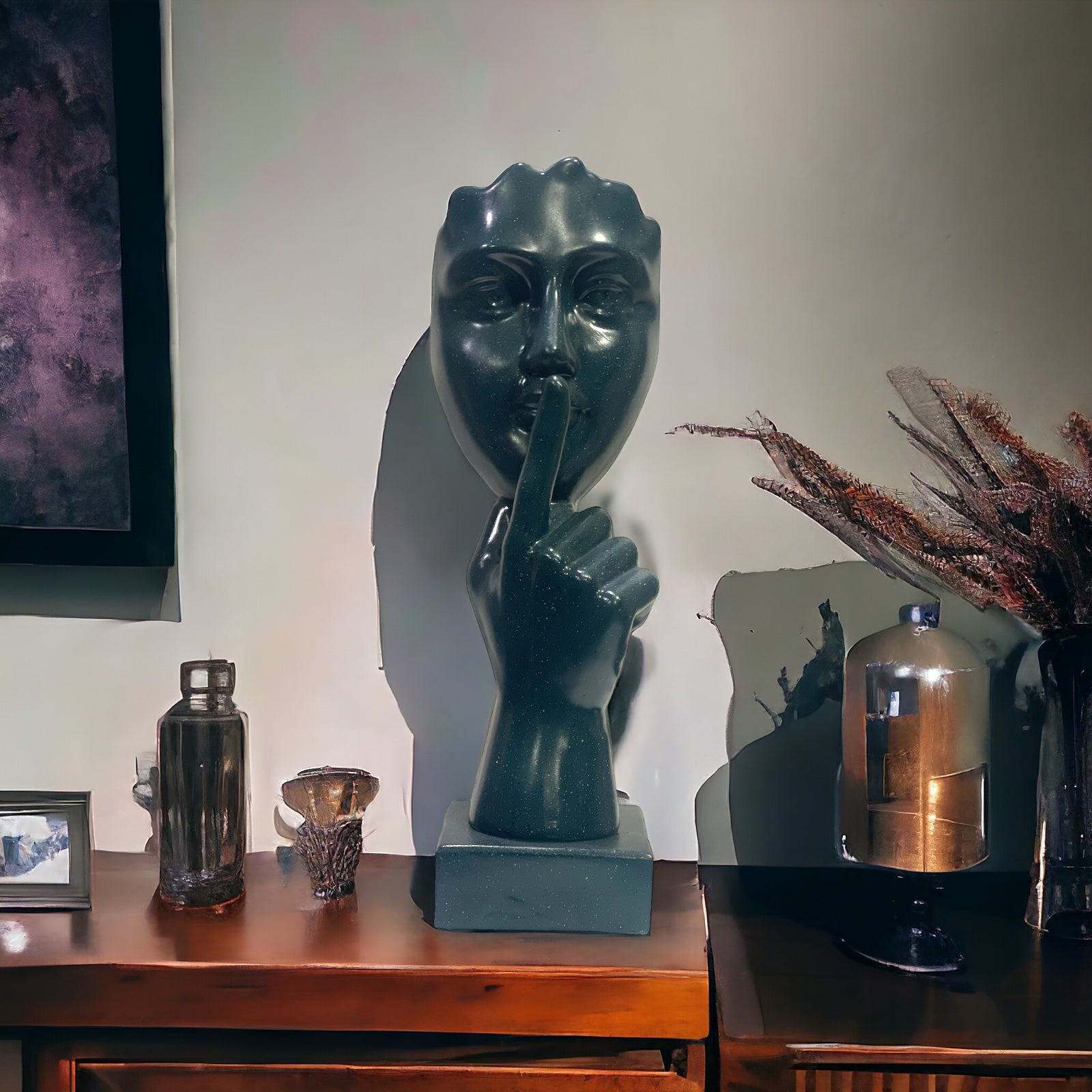 Abstract Instructing Silence Finger on Woman Face Statue Table Ascent H 35 cm