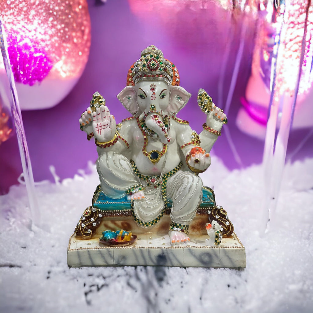White Marble Look Ganesha with Mushak ,Chauki Ganesha Decorative Statue, Murti H – 42 cm