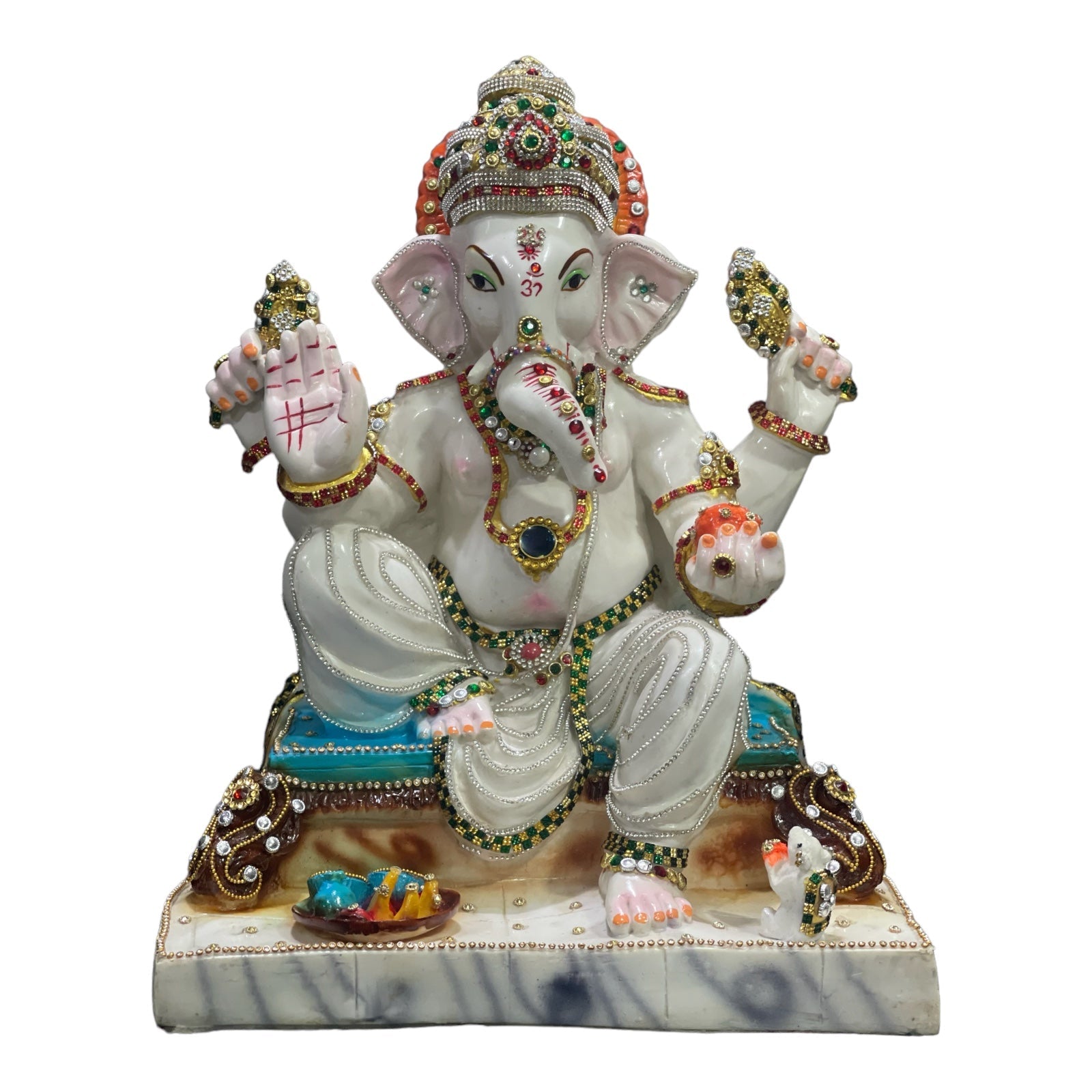 White Marble Look Ganesha with Mushak ,Chauki Ganesha Decorative Statue, Murti H – 42 cm
