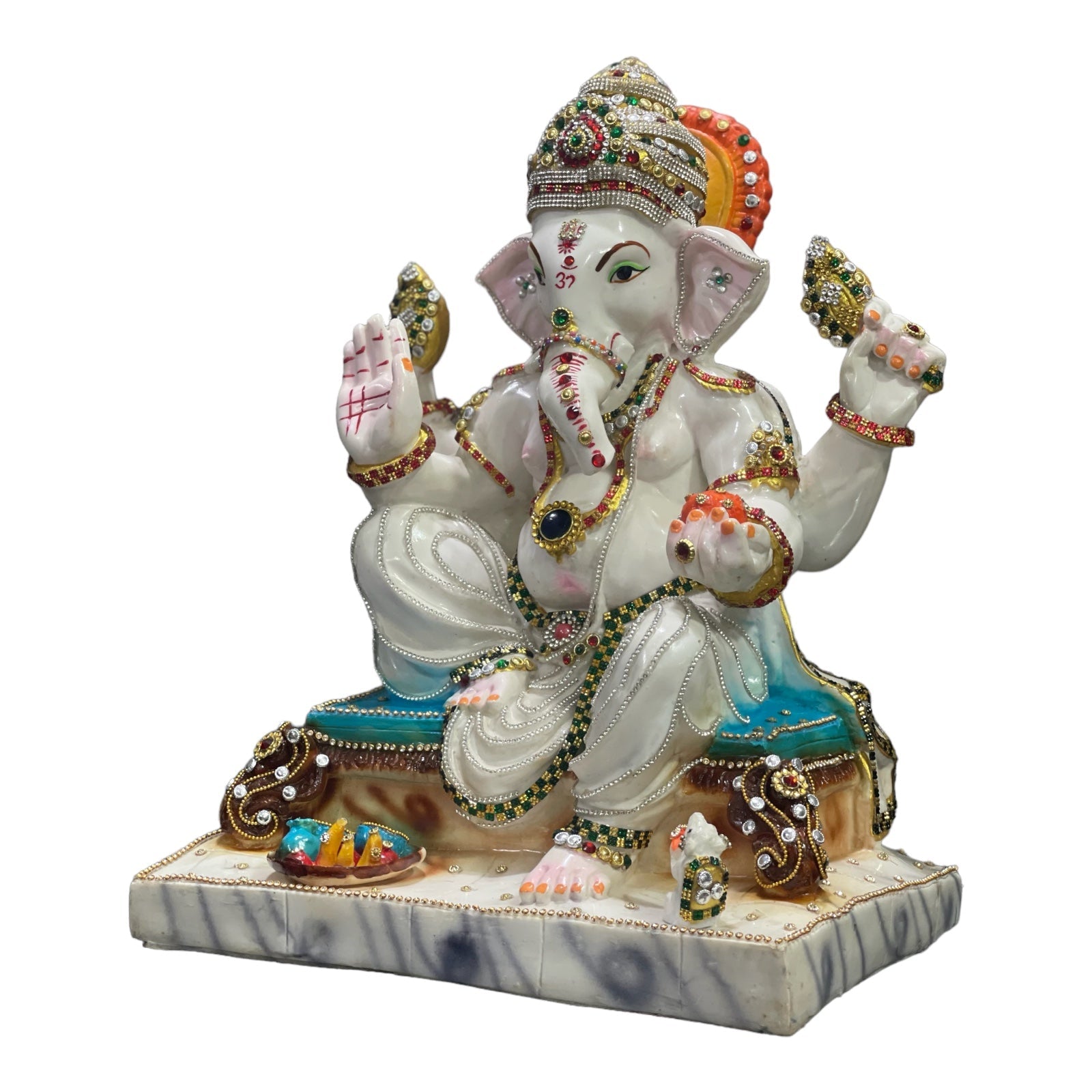 White Marble Look Ganesha with Mushak ,Chauki Ganesha Decorative Statue, Murti H – 42 cm