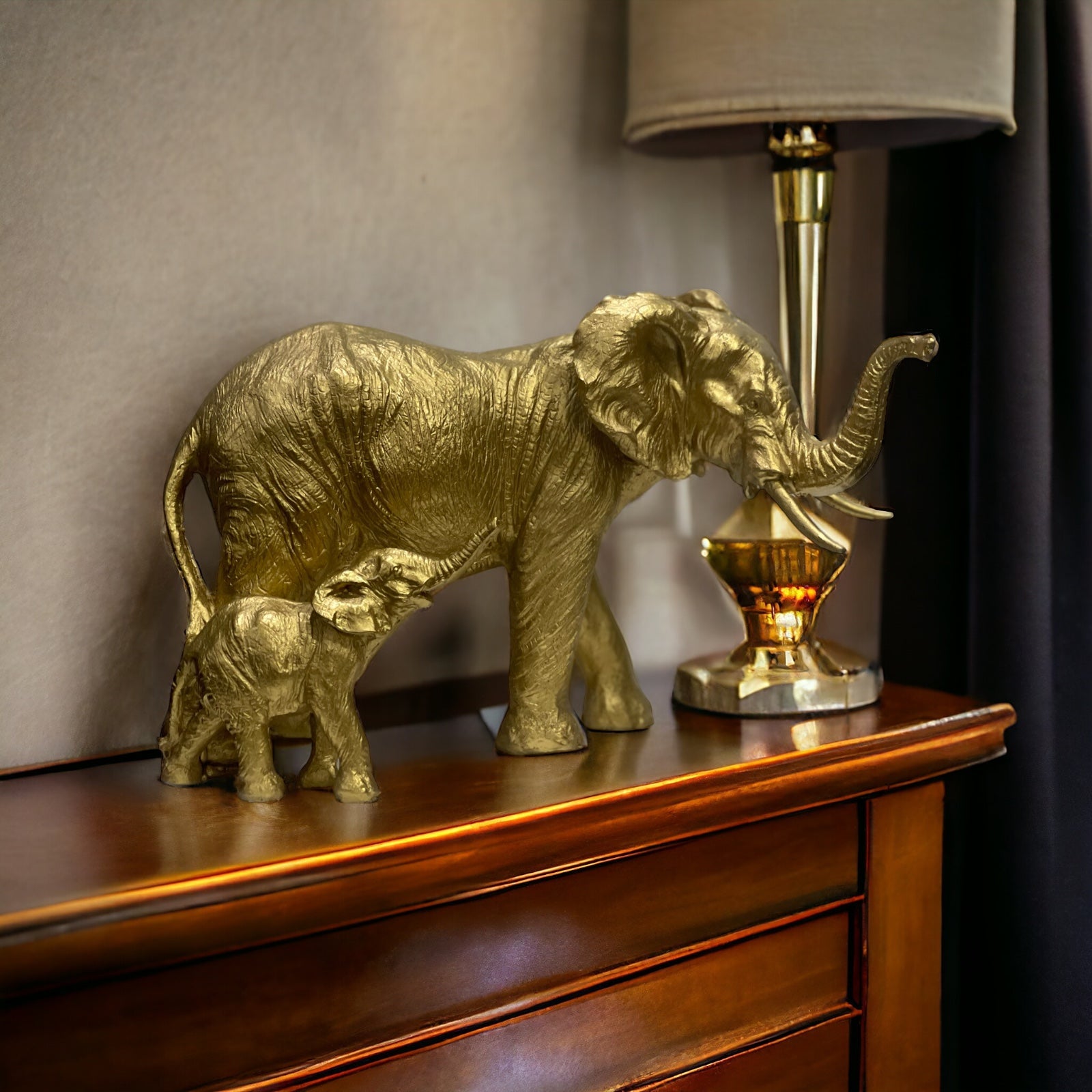 Antique Polyresin Mother And Baby Elephant Figurine Showpiece H 19 cm