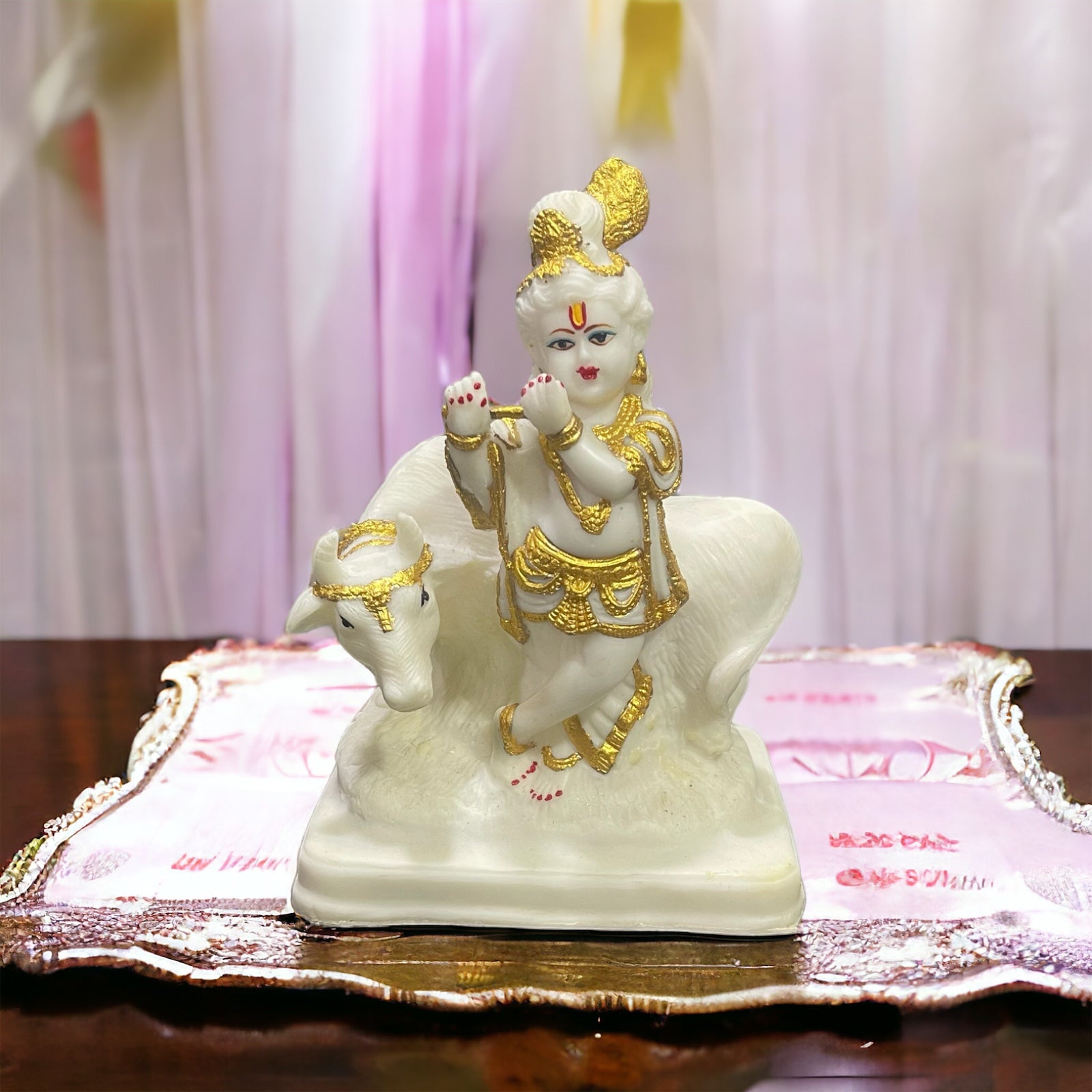 Standing Krishan Basuri With Cow Marble Look Idol , H-18.5 cm
