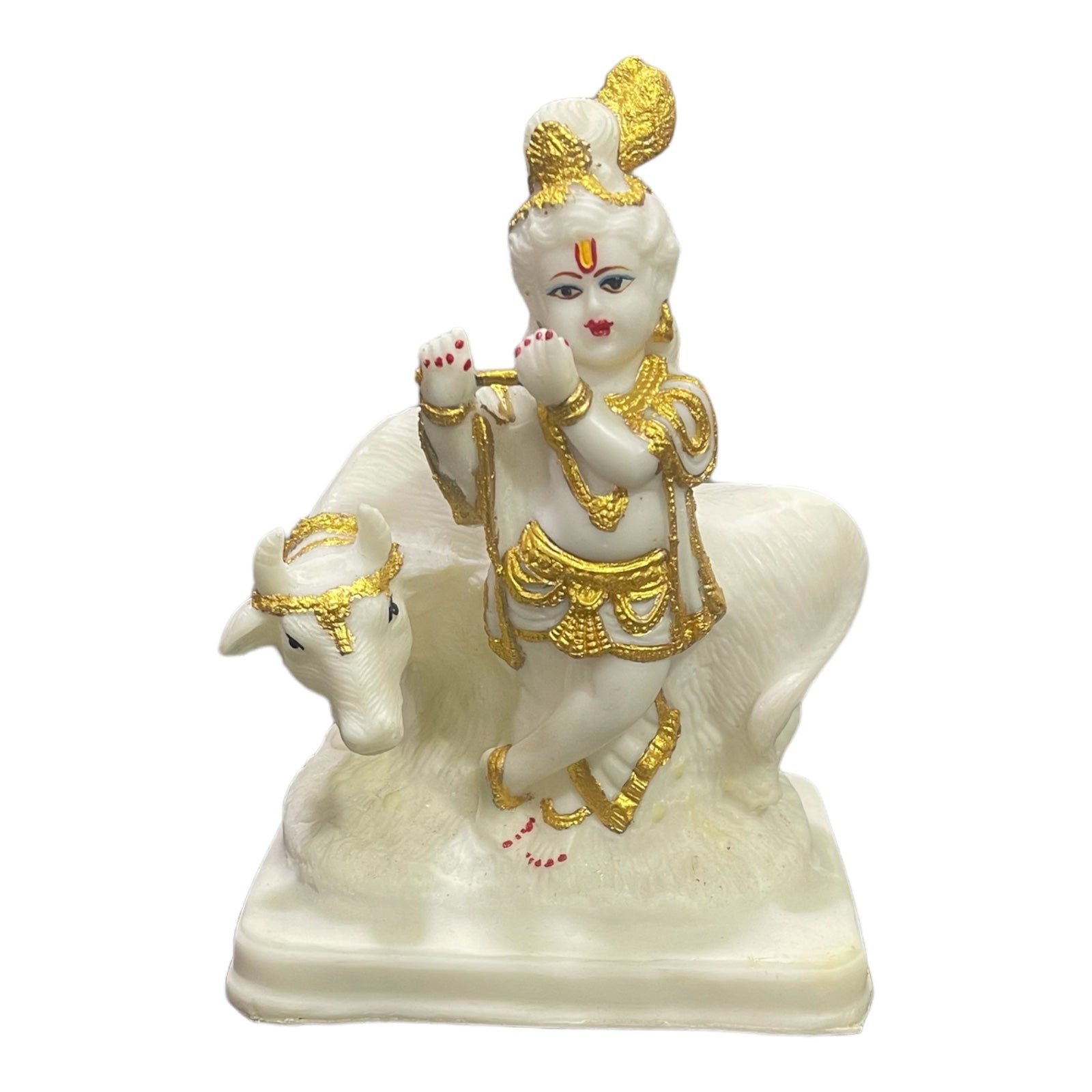 Standing Krishan Basuri With Cow Marble Look Idol , H-18.5 cm