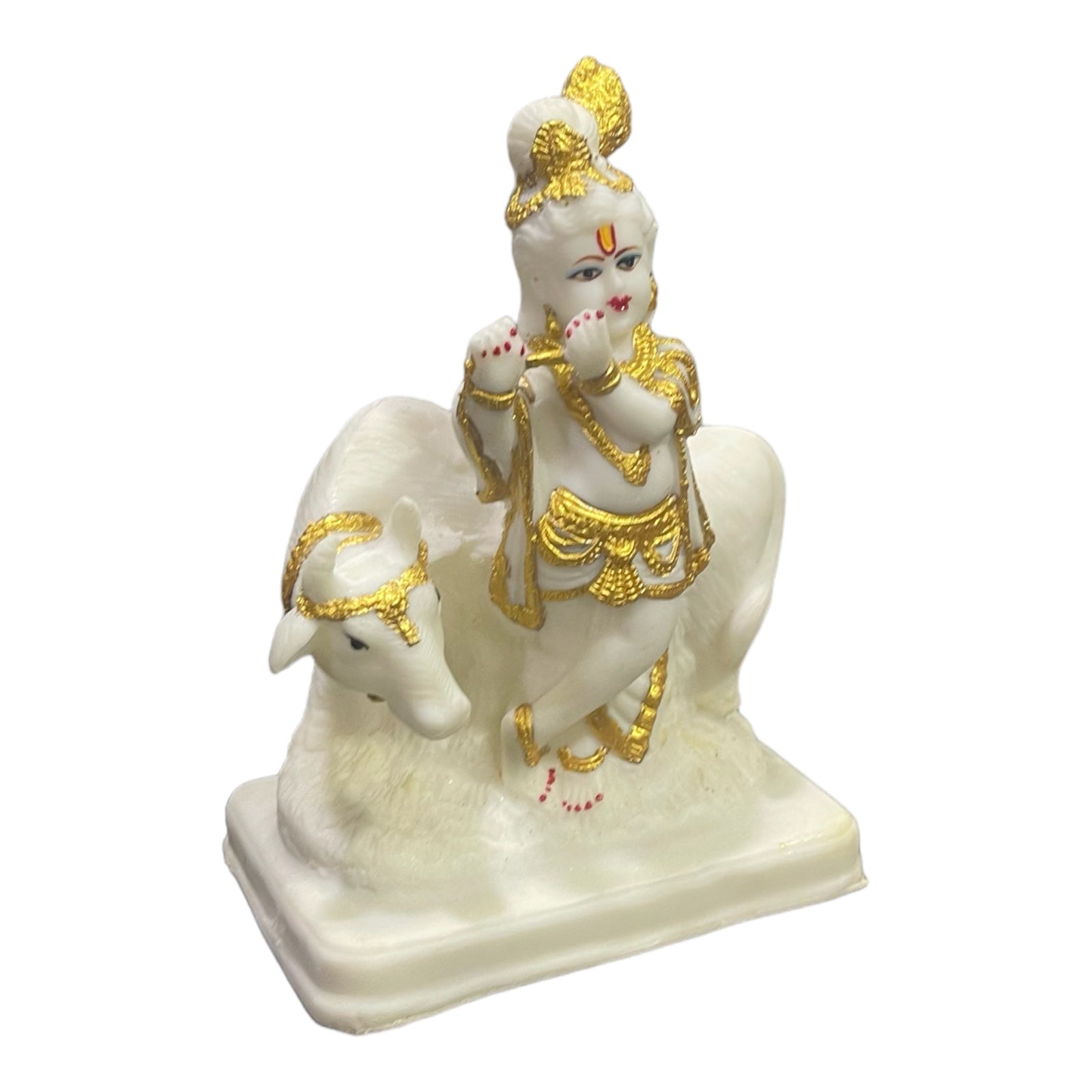 Standing Krishan Basuri With Cow Marble Look Idol , H-18.5 cm