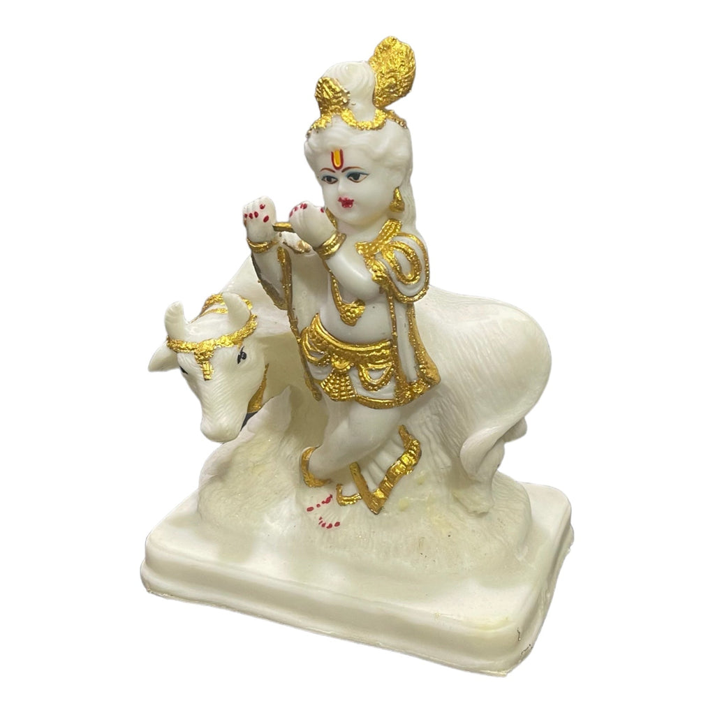 Standing Krishan Basuri With Cow Marble Look Idol , H-18.5 cm