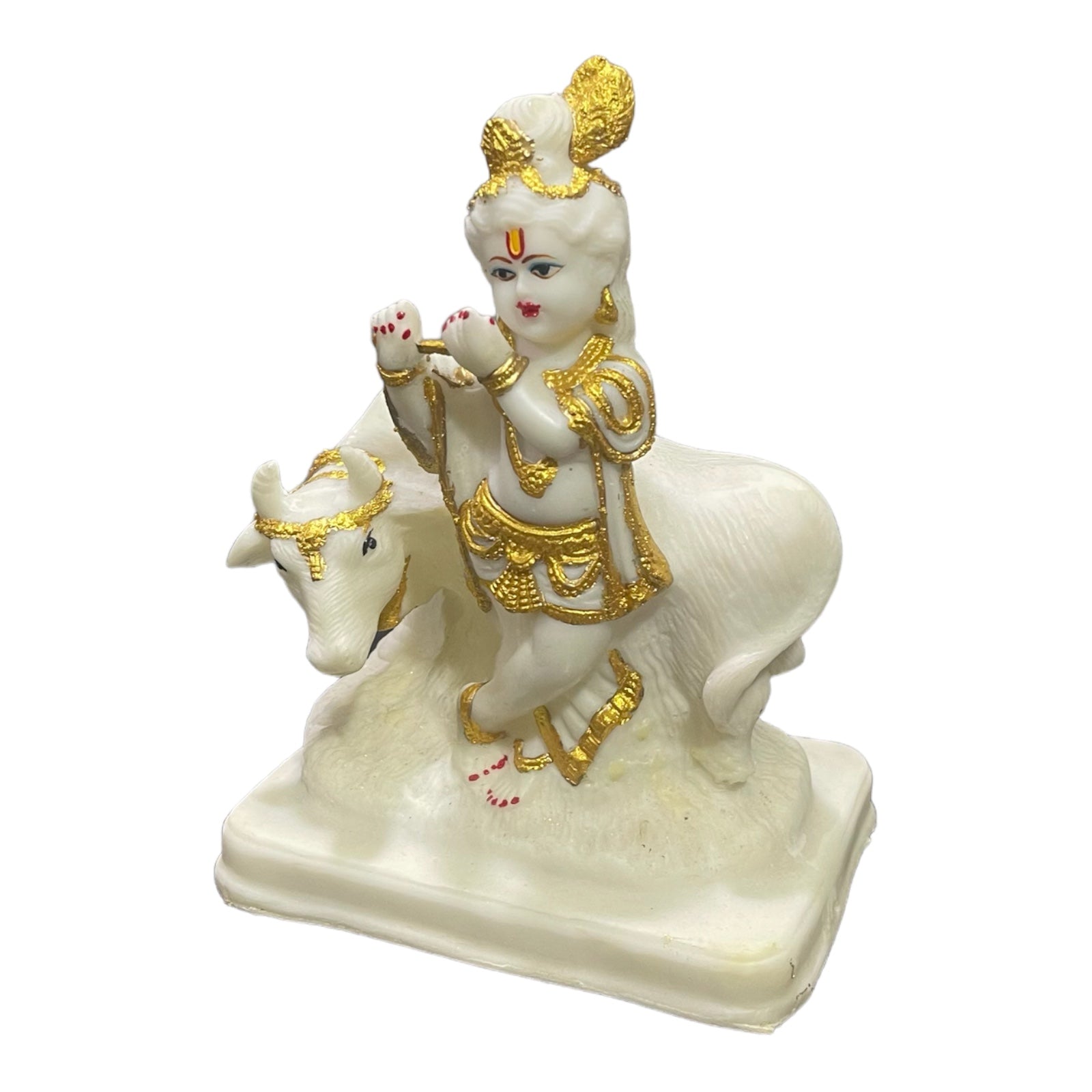 Standing Krishan Basuri With Cow Marble Look Idol , H-18.5 cm