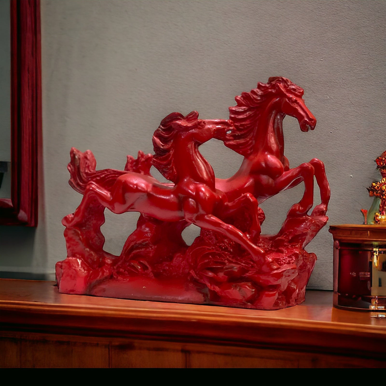 Two Red/Cherry Running Horses for Feng Shui and Vastu for Positive Energy H- 16 cm