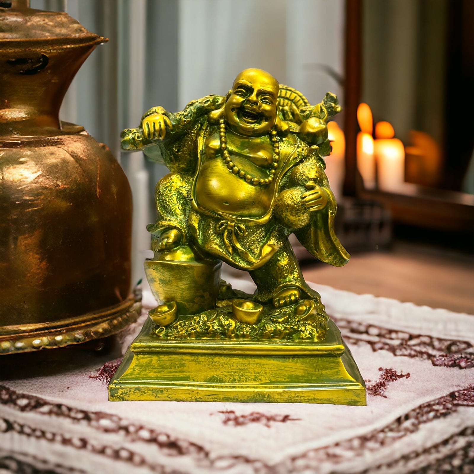 Laughing Buddha Standing on Coins with Bag for Wealth and Money H- 23 cm